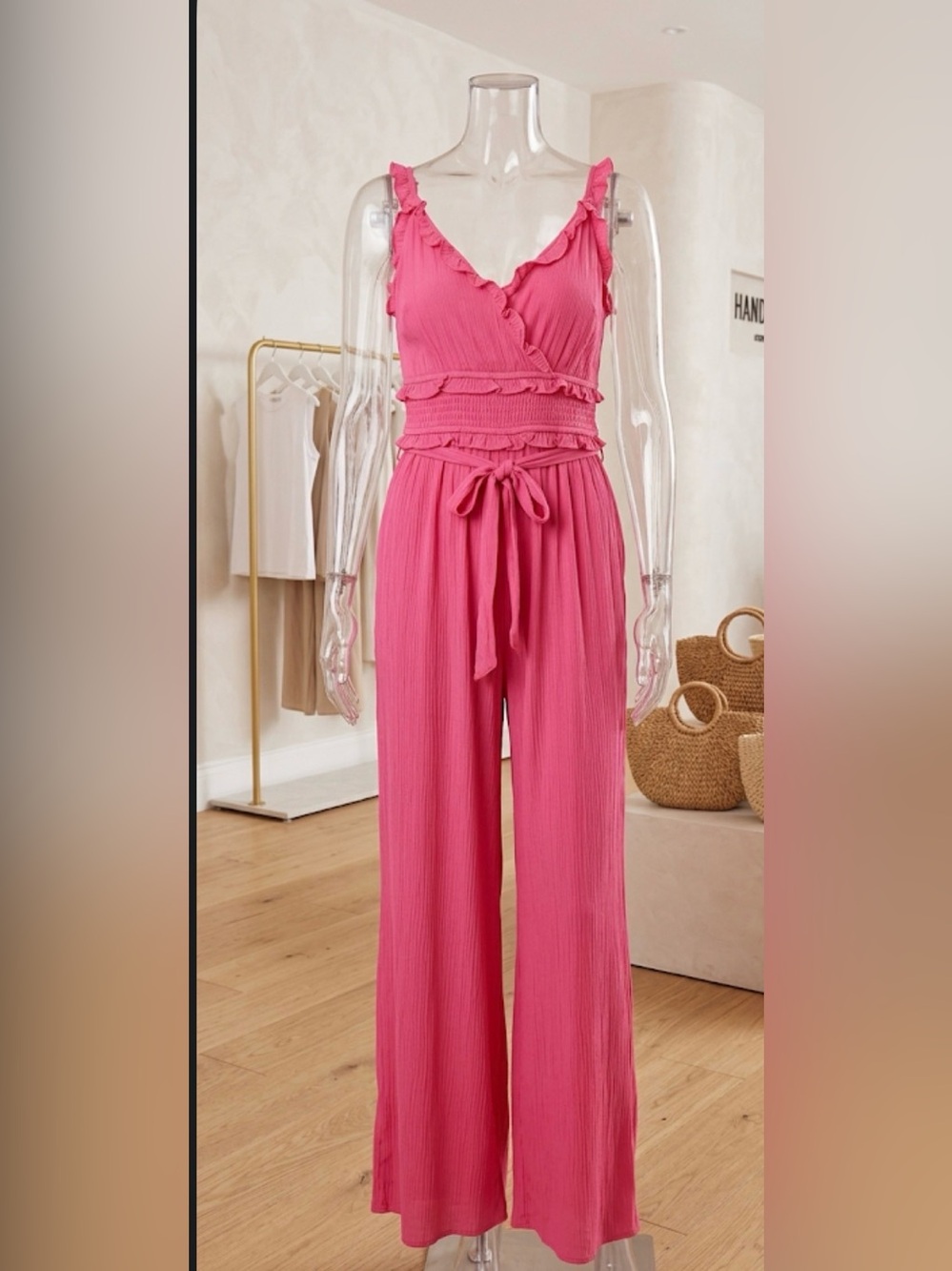 iris Pink Ruffled V-Neck Wide-Leg Jumpsuit